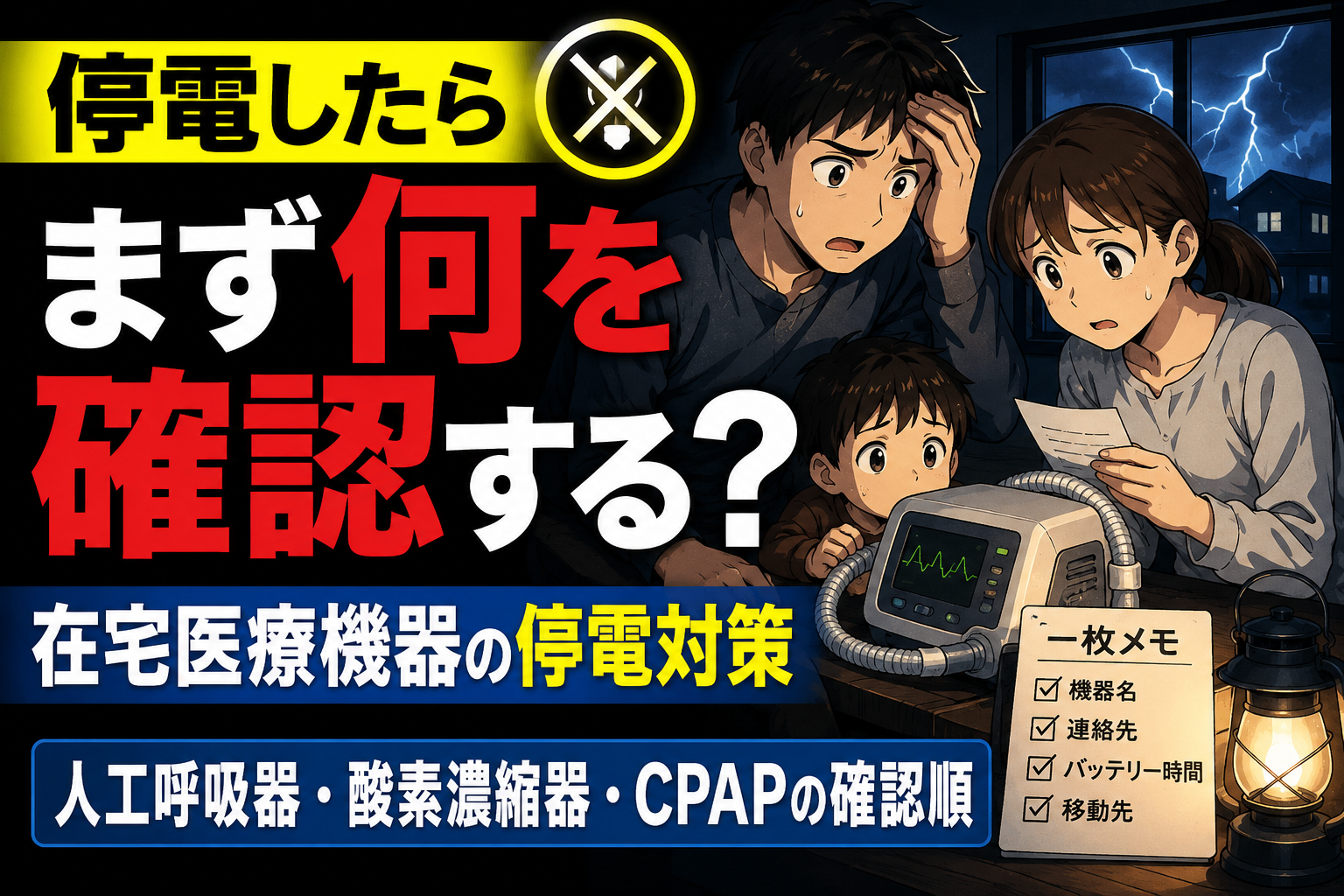 停電時に在宅医療機器と連絡先を確認する家族のアイキャッチ