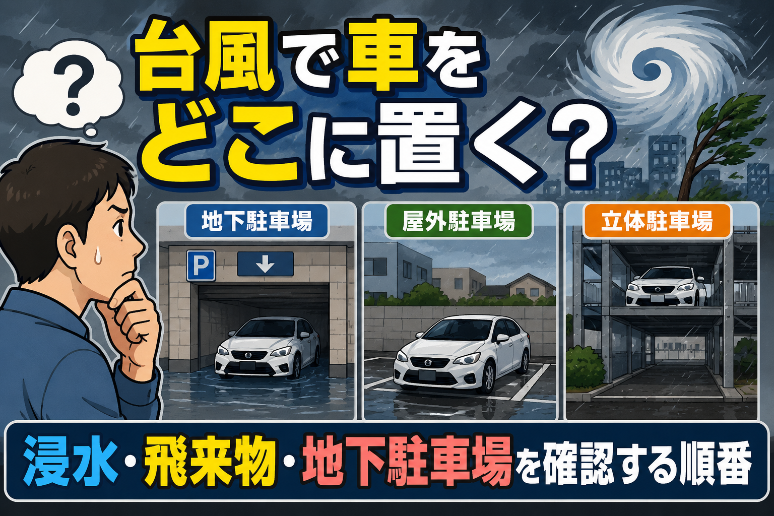 台風前に車をどこへ置くかを確認する家族のイラスト