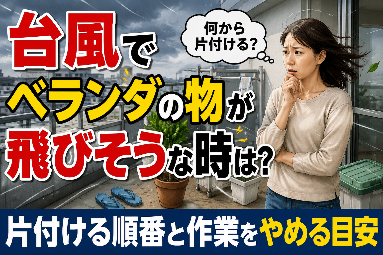 台風前のベランダで飛びそうな物を前に、片付ける順番と作業をやめる目安に迷う女性