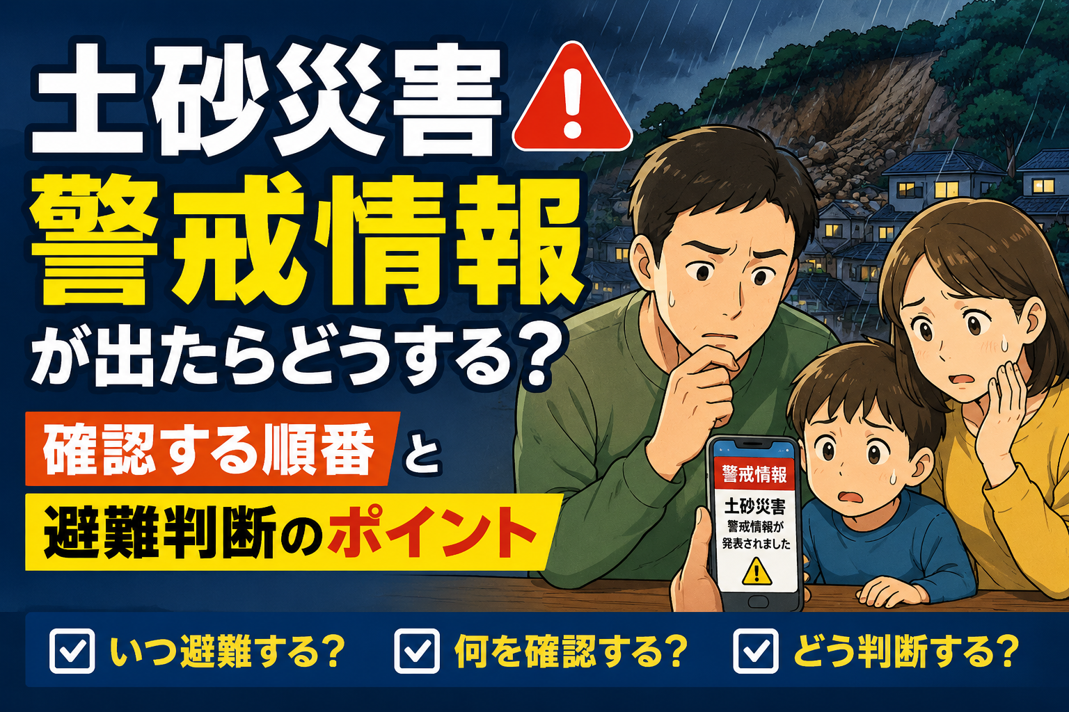 大雨の夜に土砂災害警戒情報を見て避難判断に迷う家族のアイキャッチ画像