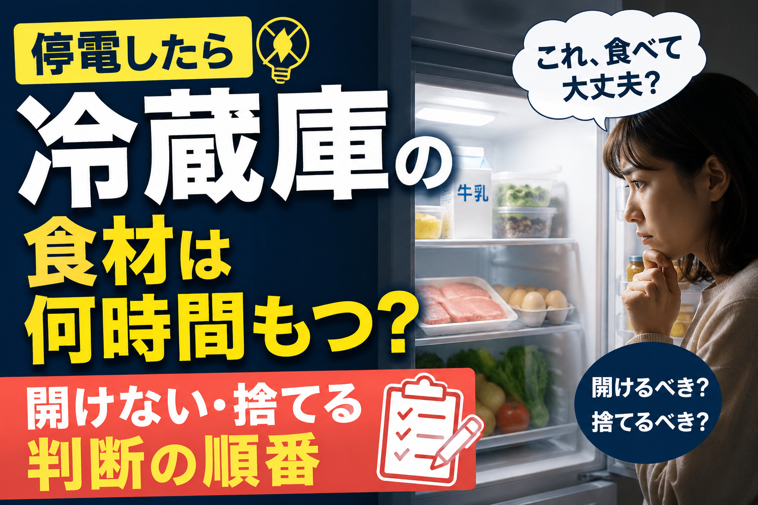 停電時に冷蔵庫の食材を食べてよいか迷う女性のアイキャッチ画像
