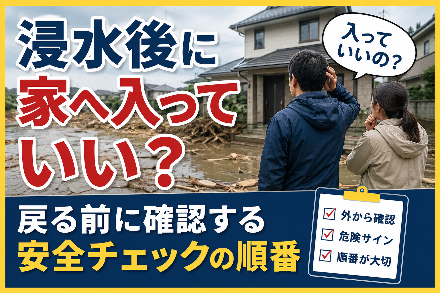 浸水後の自宅前で家へ入っていいか迷う夫婦と安全チェックの順番を示したアイキャッチ画像