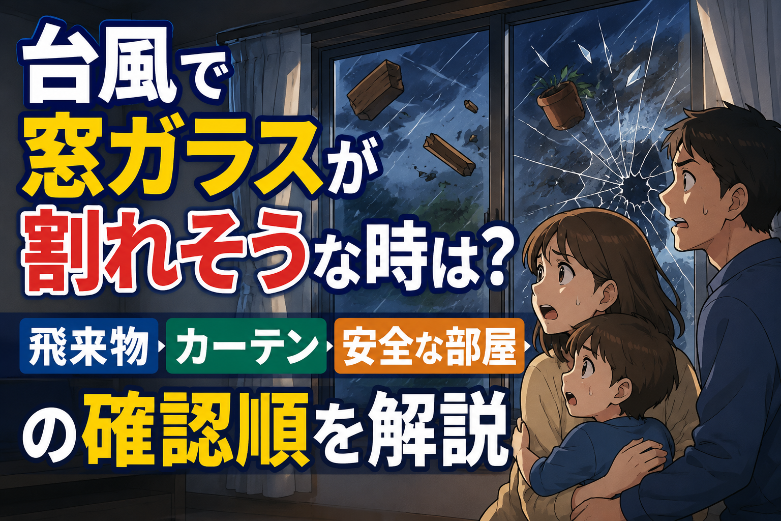 台風で窓ガラスが割れそうな時の確認順を示すアイキャッチ