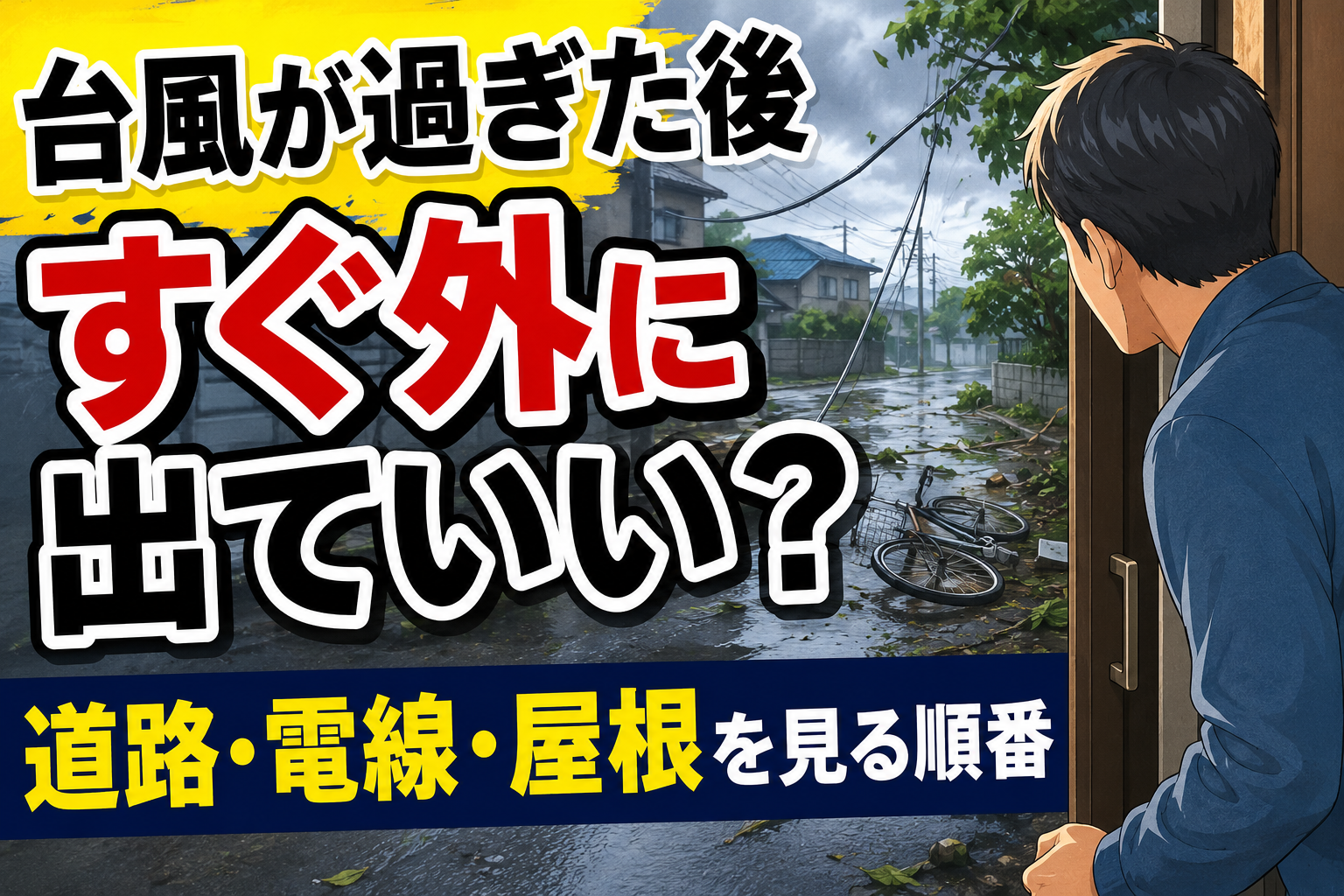 台風が過ぎた後、玄関から道路や電線の危険を確認する人のアイキャッチ画像