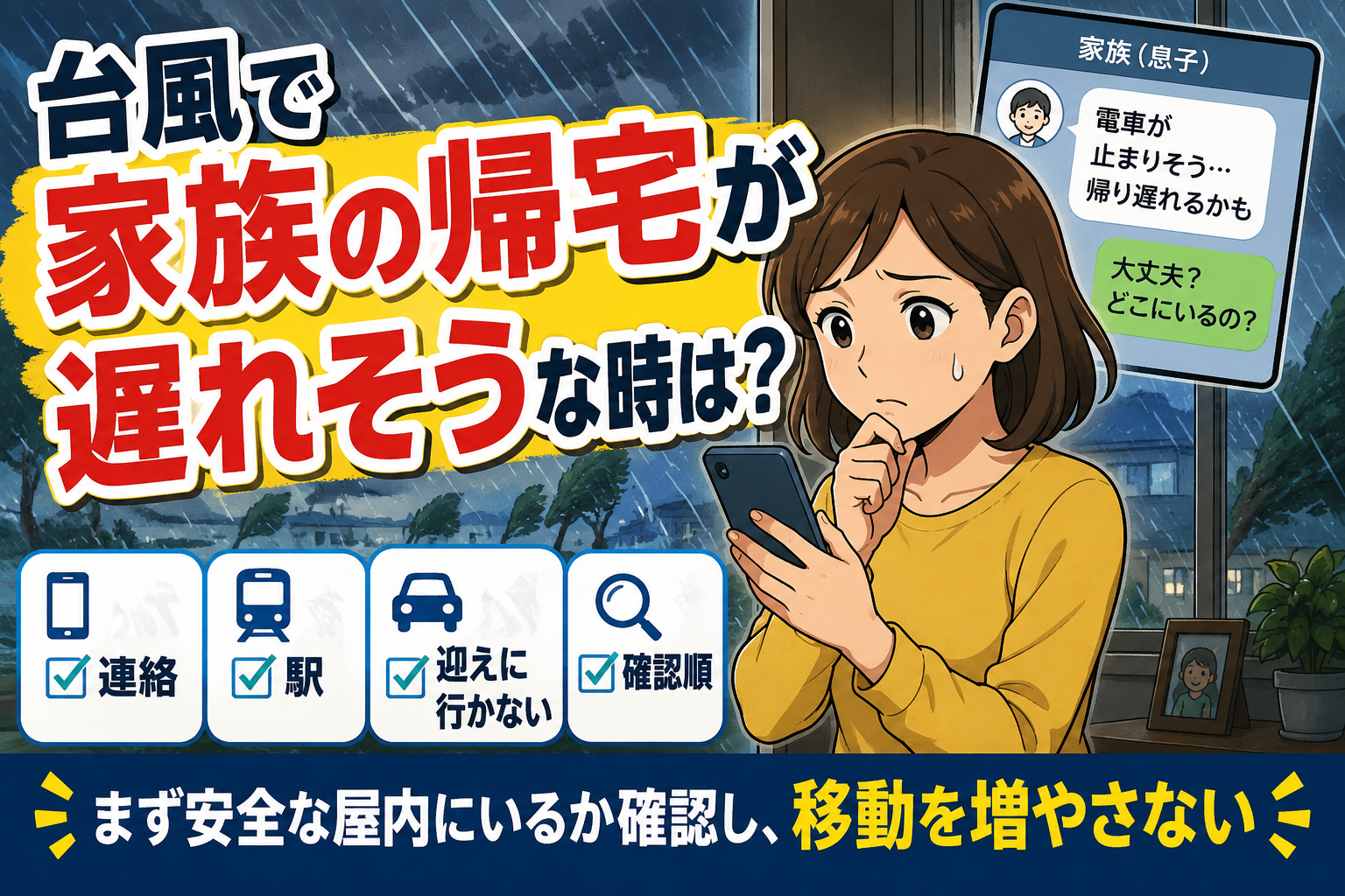 台風で家族の帰宅が遅れそうな時に、迎えに行く前の確認順を示したアイキャッチ画像