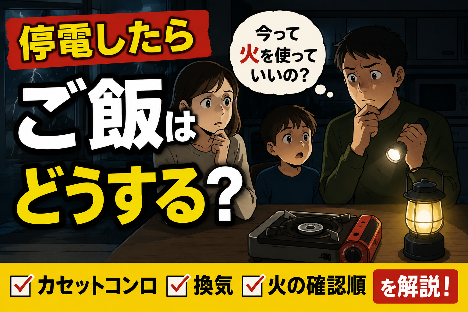 停電した夜、家族がカセットコンロとランタンを前に火を使ってよいか迷っている様子