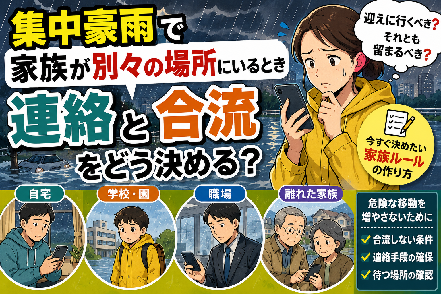 集中豪雨で家族が別々の場所にいる状況で、連絡や合流方法に悩む家族を描いた防災アイキャッチ画像