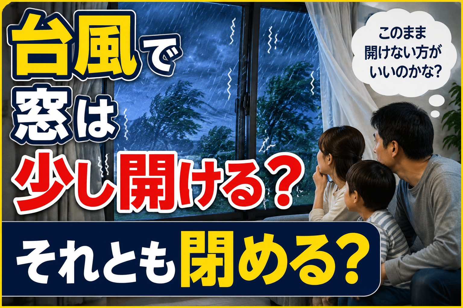 生成された画像：台風の窓、開けるべきか閉めるべきか