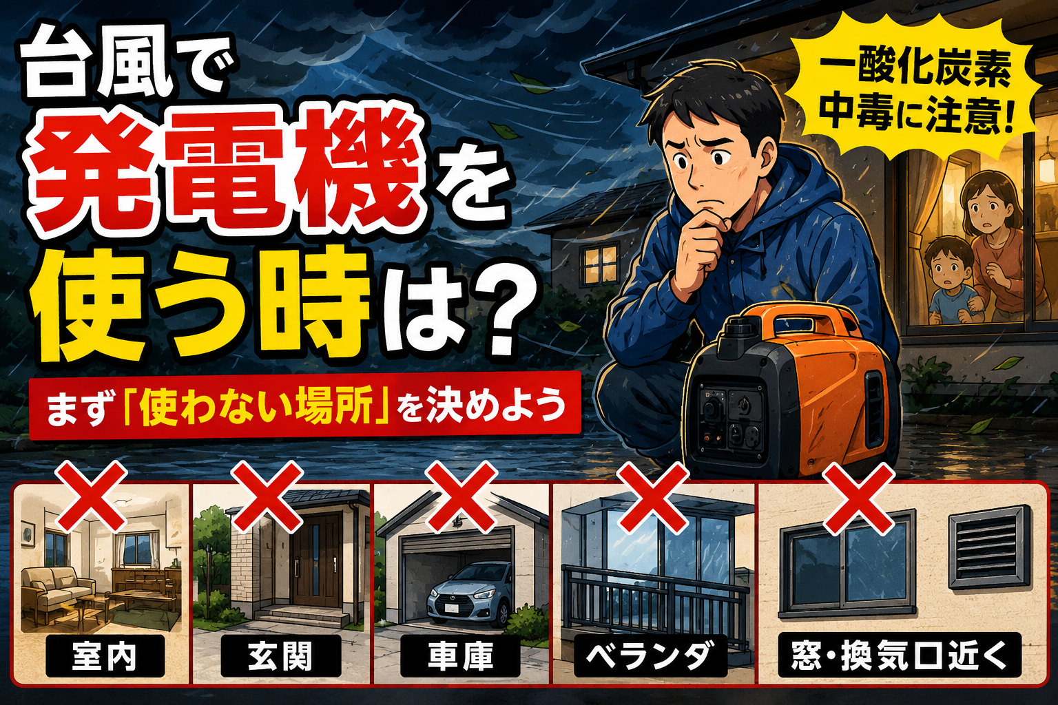 生成された画像：台風時の発電機安全ガイド