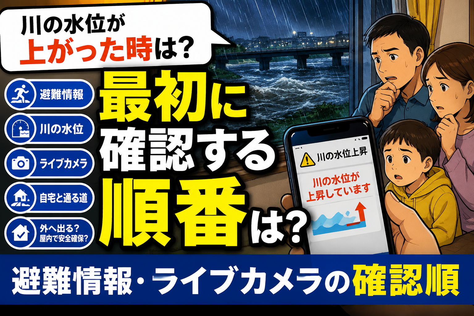 生成された画像：川の水位上昇警告と避難ガイド