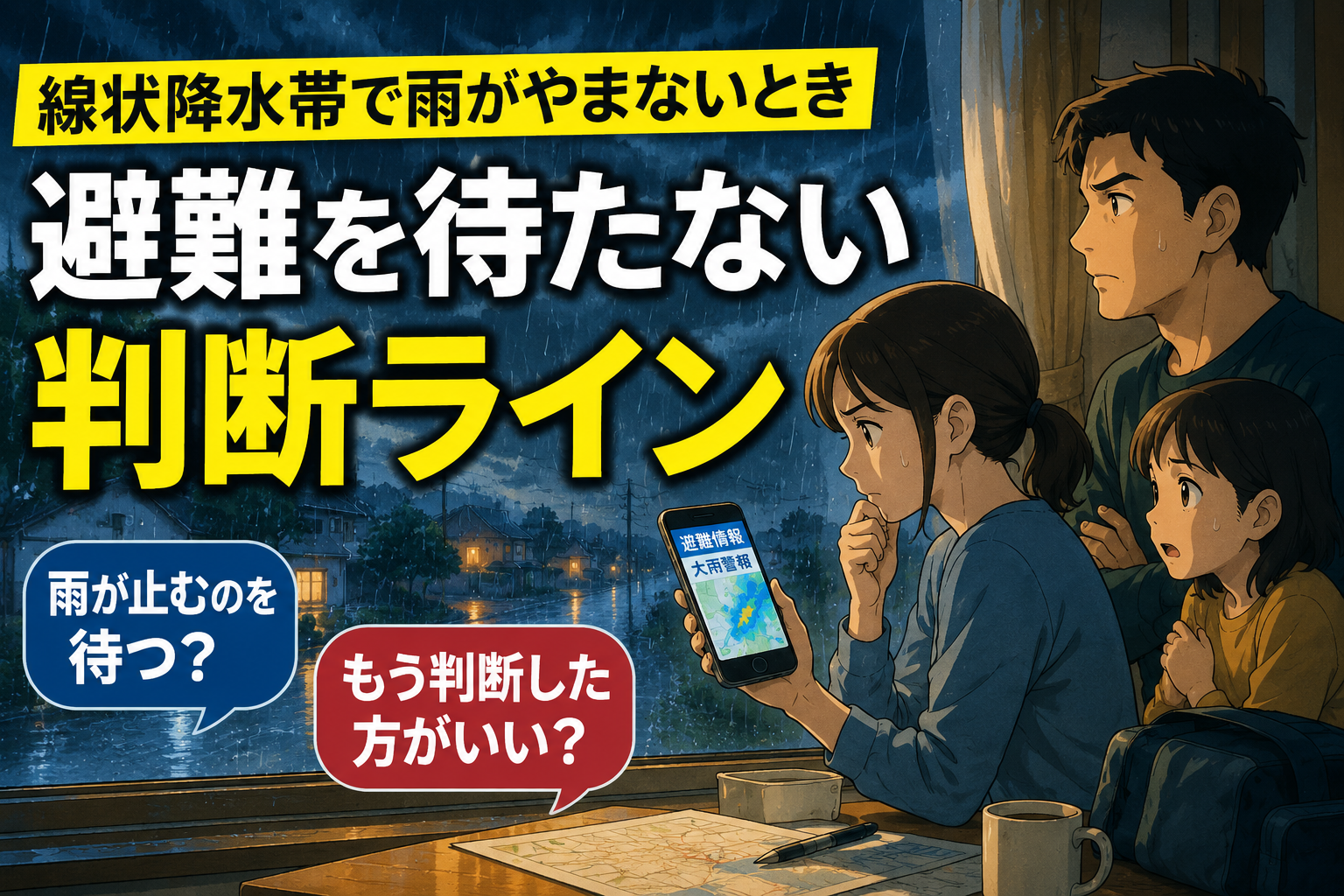 生成された画像：避難情報: 激しい雨と家族の心配