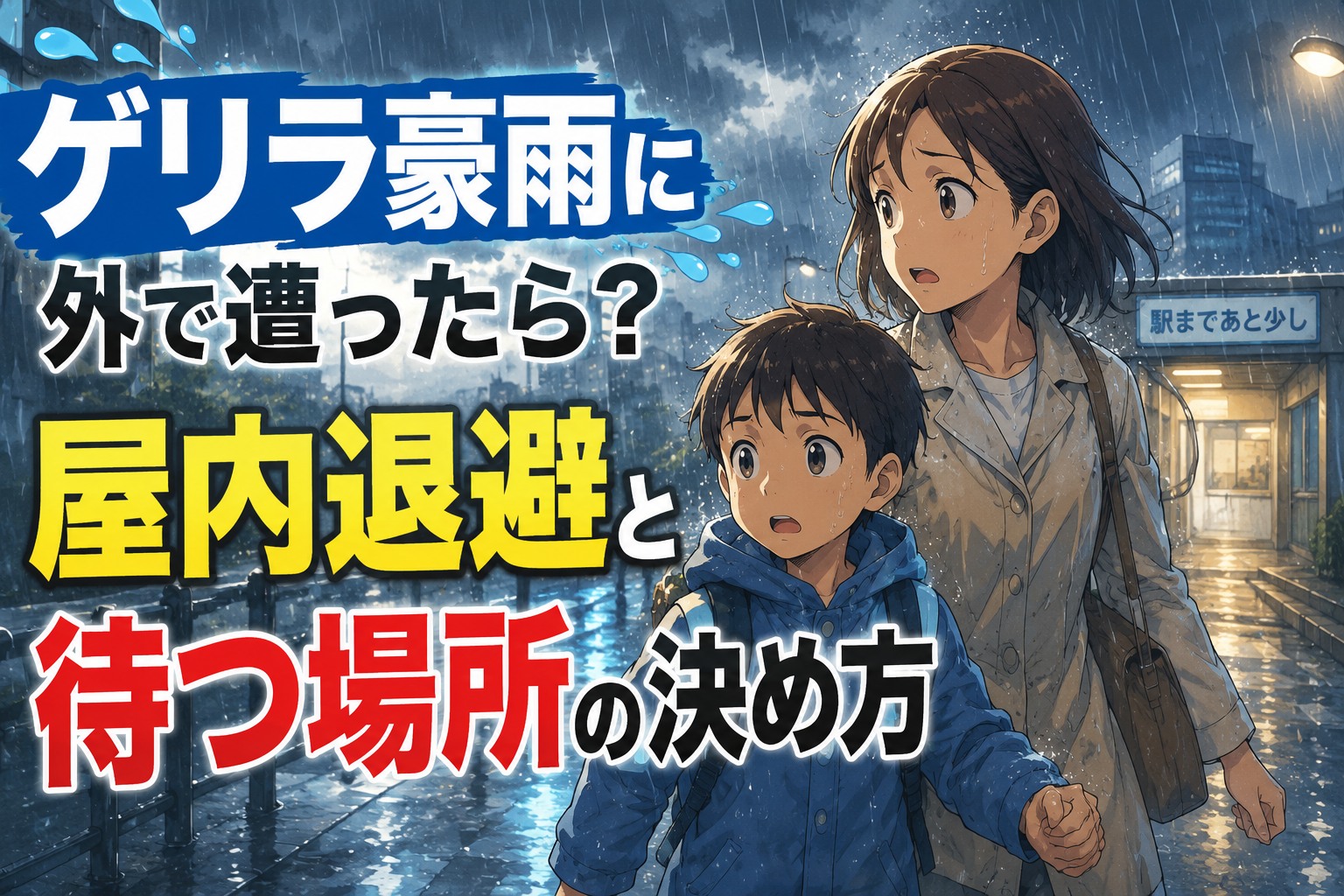 生成された画像：ゲリラ豪雨の中での避難方法