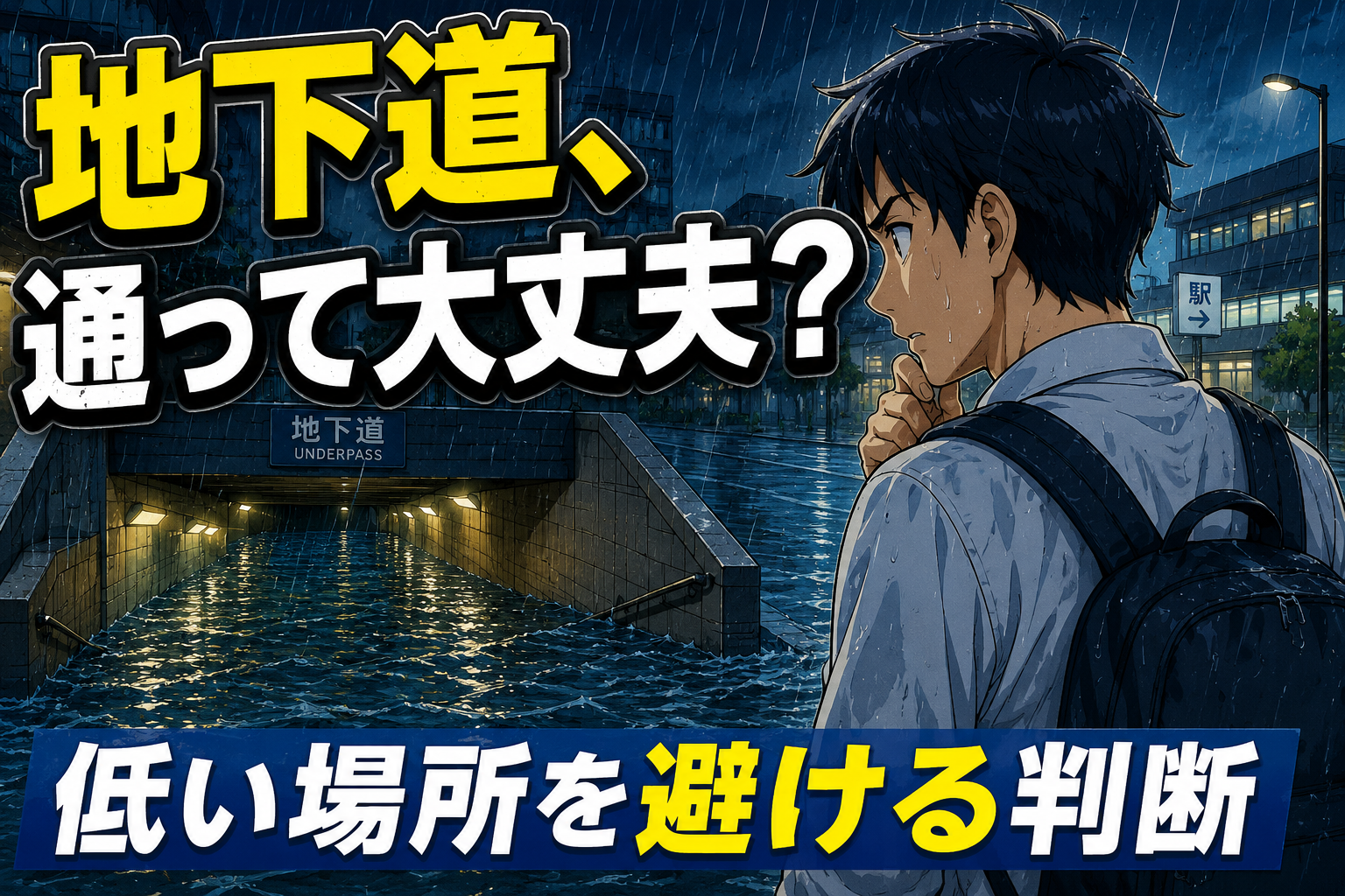 ゲリラ豪雨で冠水した地下道入口を前に通行を迷う人物