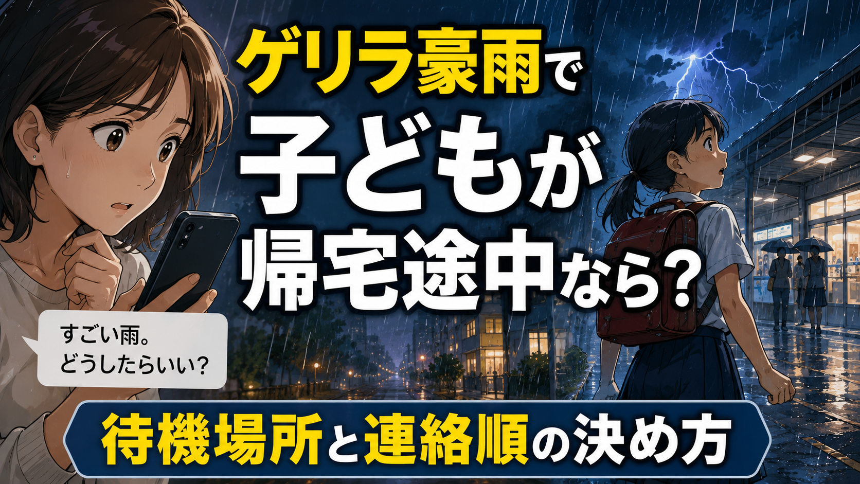 ゲリラ豪雨で帰宅途中の子どもと、スマホで連絡を確認する親のアイキャッチ画像
