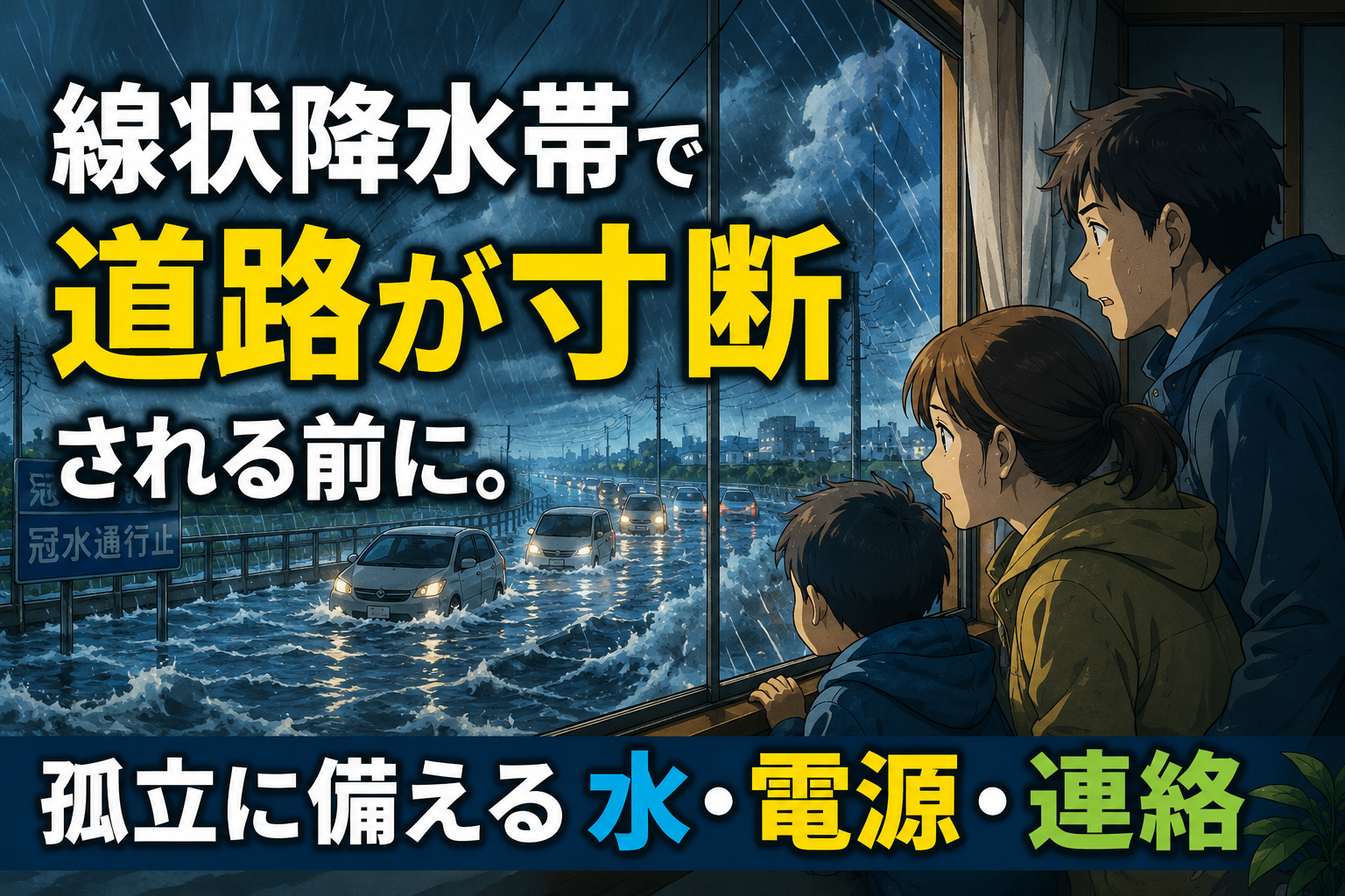 線状降水帯の大雨で道路が冠水し、家族が孤立に備える様子