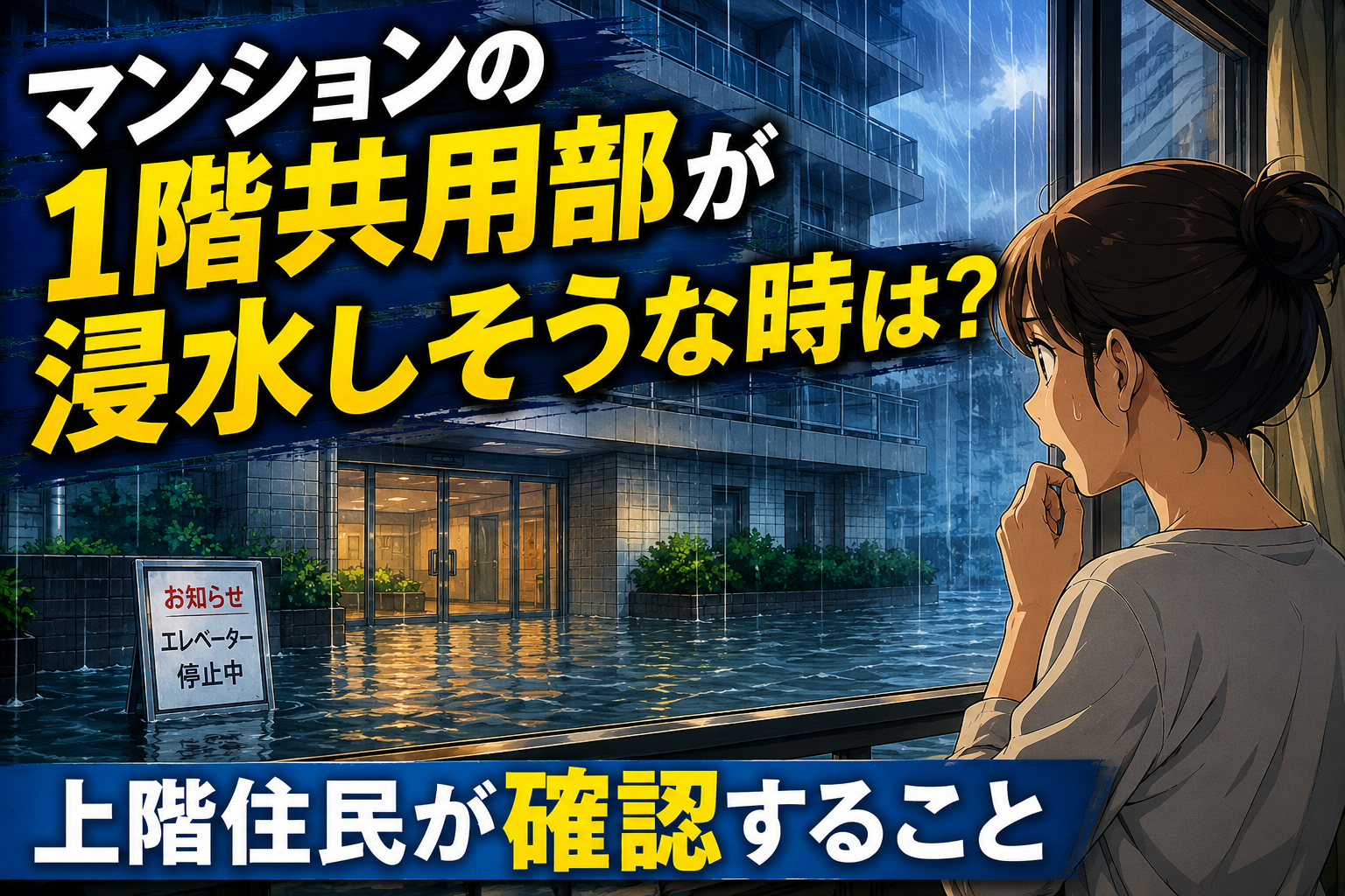大雨でマンション1階共用部が浸水しそうになり、上階住民が室内から不安そうに確認している様子