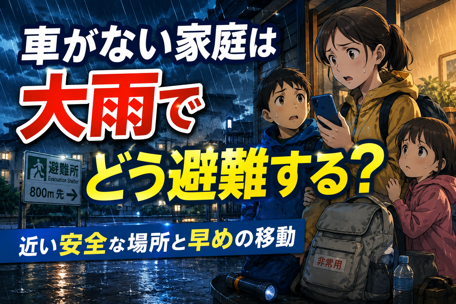 大雨の中で車がない家庭が避難先を迷っている様子