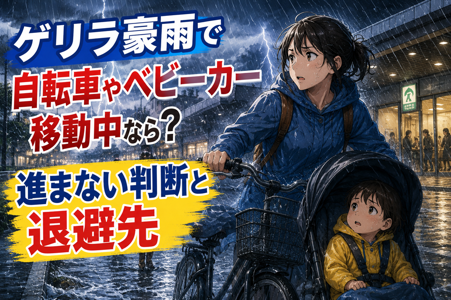 ゲリラ豪雨の中で自転車とベビーカー移動を止め、退避先を考える親子