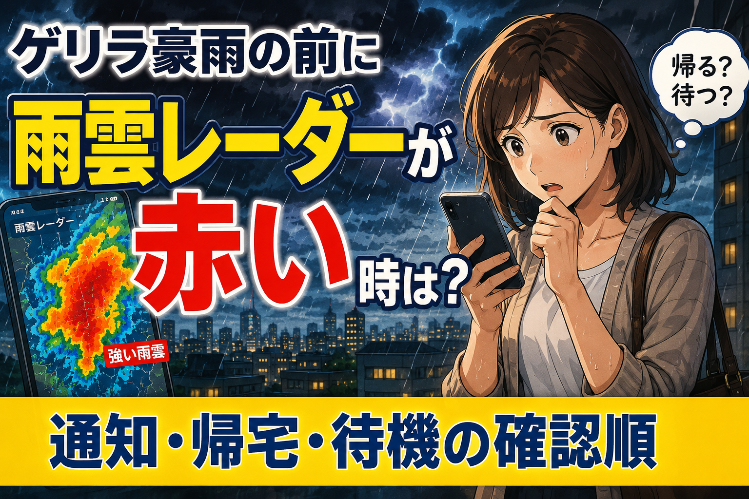雨雲レーダーが赤い時に帰宅か待機か迷う女性のアイキャッチ画像