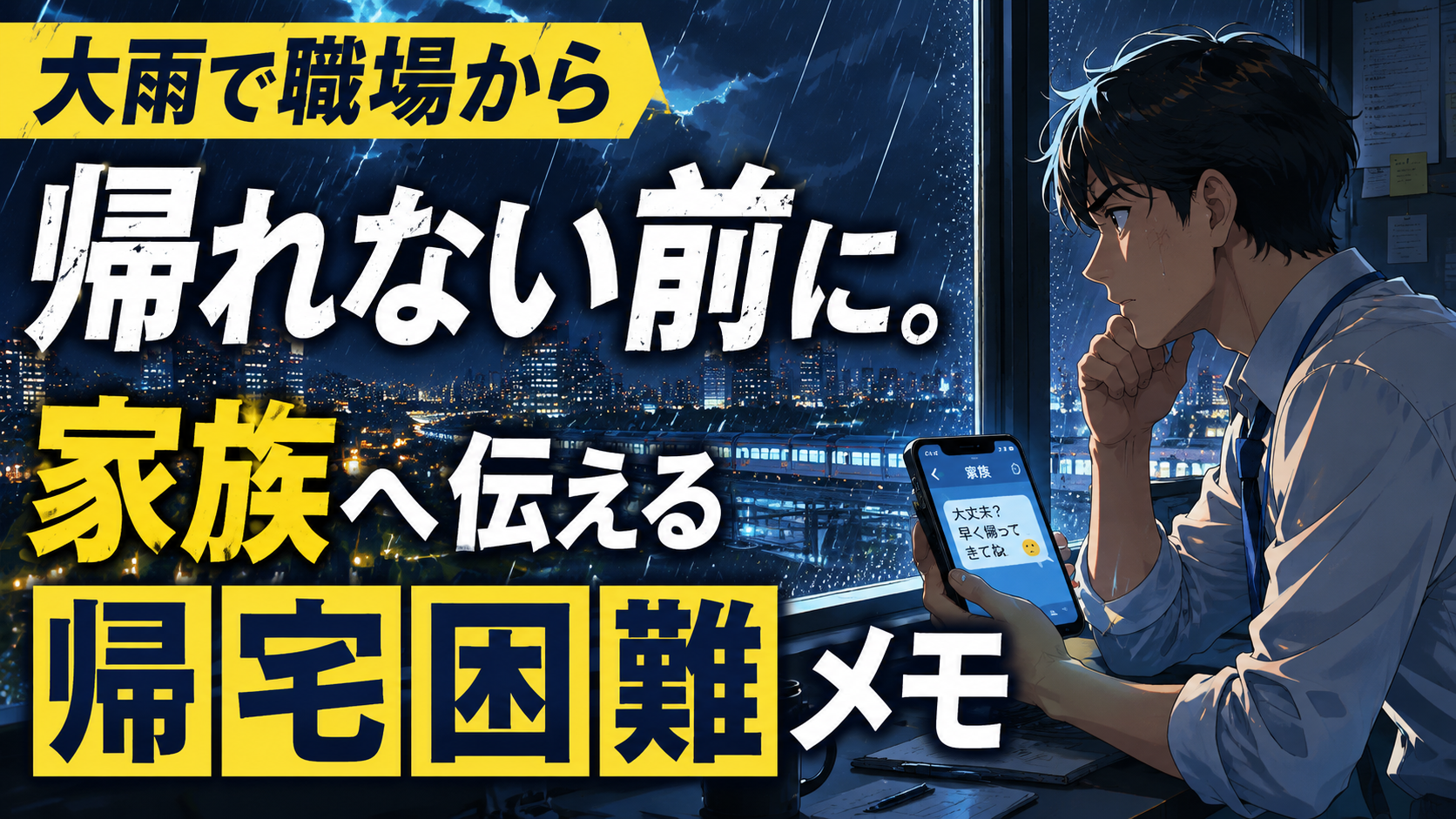 大雨で職場から帰れない可能性がある時に家族へ連絡する帰宅困難メモのアイキャッチ