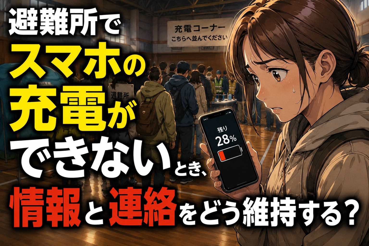 避難所でスマホ残量28%を見て、充電できない状況で情報と連絡をどう維持するか悩む女性