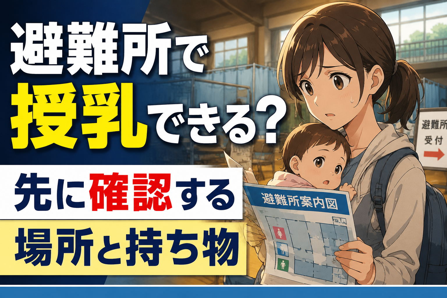避難所で赤ちゃんを抱いた母親が案内図を見ながら授乳場所を確認しているイラスト