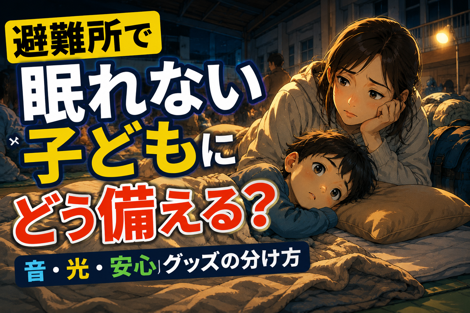 避難所で眠れない子どもに寄り添う親子のアイキャッチ画像