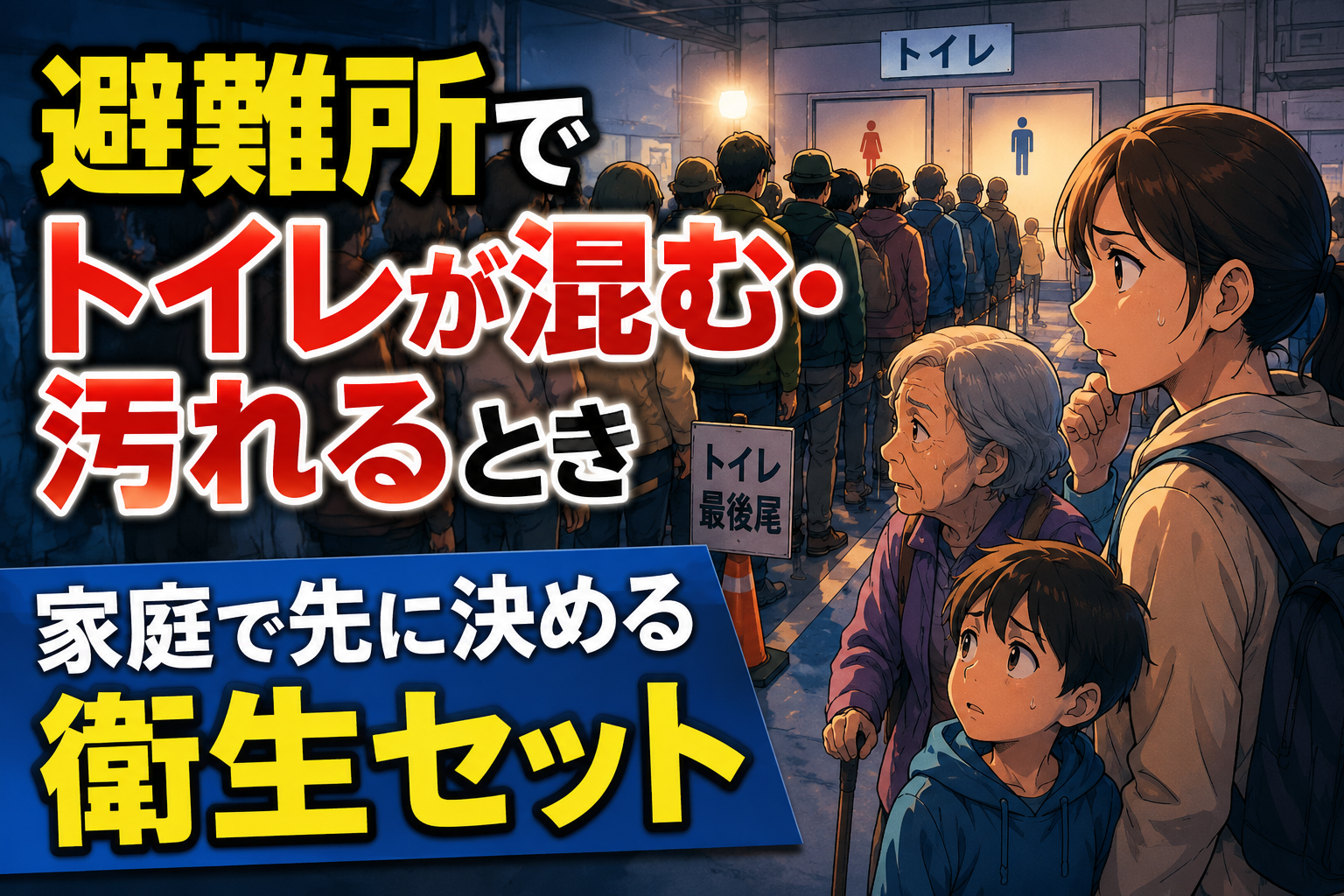 避難所のトイレ混雑に不安を感じる家族と、家庭で先に決める衛生セットを示したアイキャッチ画像