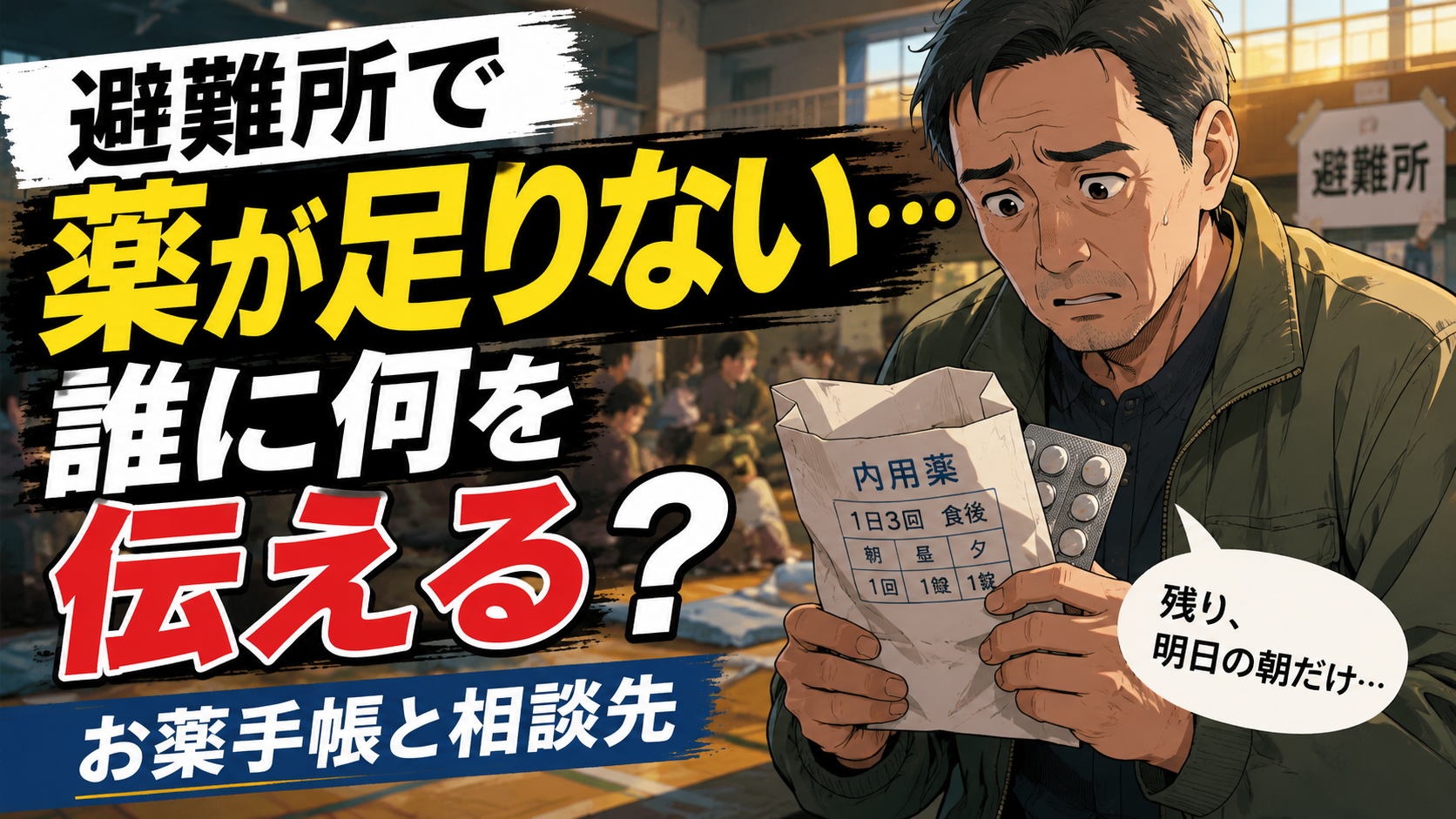 避難所で薬が足りず、誰に何を伝えればよいか迷う男性のアイキャッチ画像