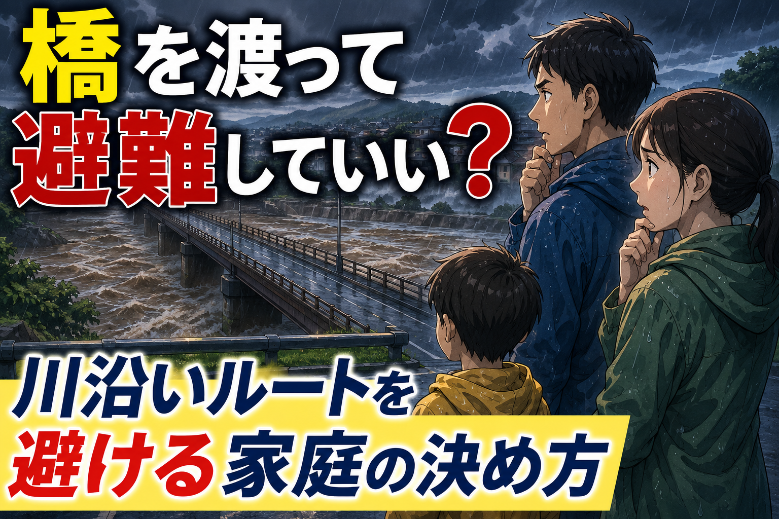 増水した川と橋を前に避難ルートを迷う家族のアイキャッチ画像