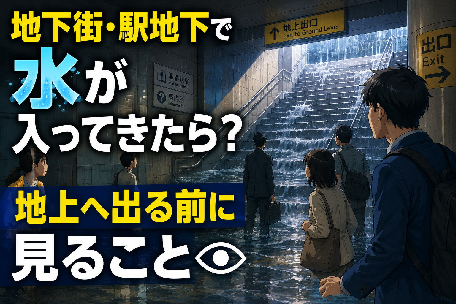 地下街・駅地下で水が入ってきた時に地上へ出る前の確認を促すアイキャッチ画像