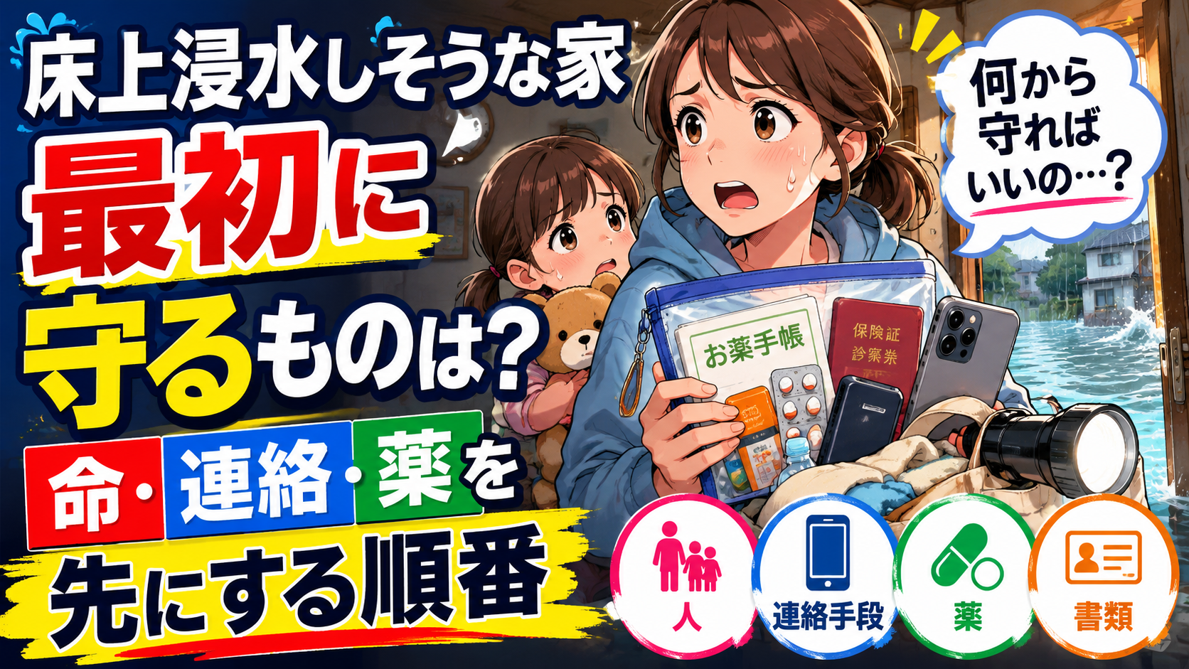 床上浸水が迫る家で親子が薬や書類、スマホを手に最初に守るものを考えている様子