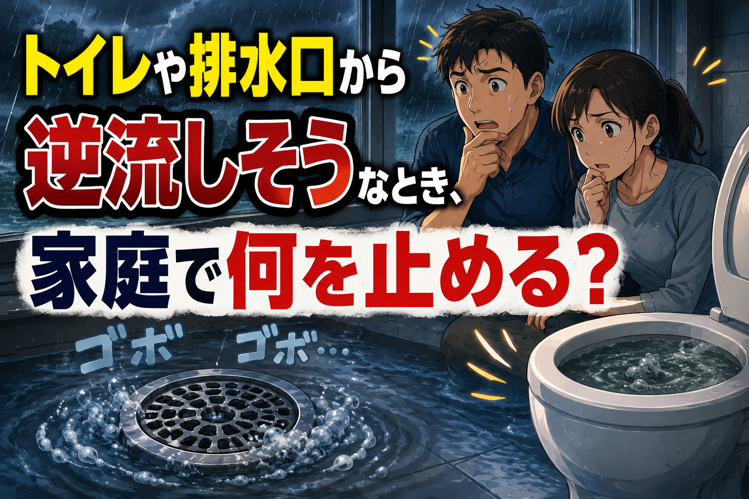 大雨時にトイレや排水口から逆流しそうな状況で、家庭で何を止めるべきかを示すアイキャッチ画像