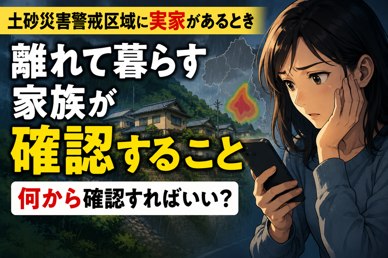 土砂災害警戒区域にある実家を心配し、スマホで確認する離れて暮らす家族