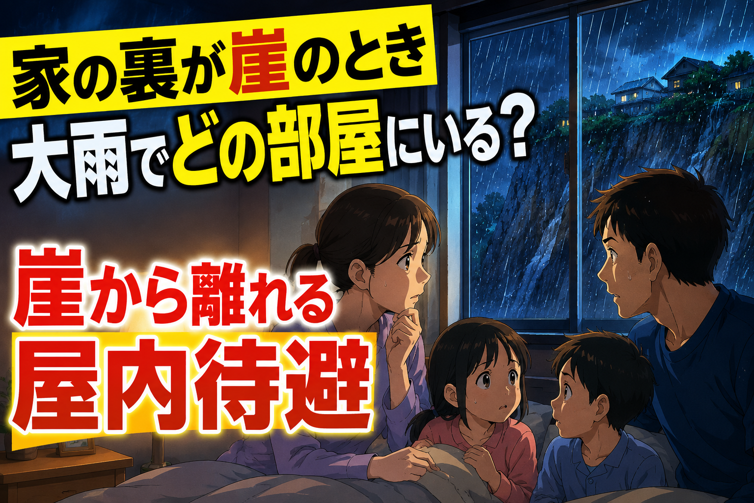 大雨の夜に裏が崖の家で家族が屋内待避する部屋を迷っている様子