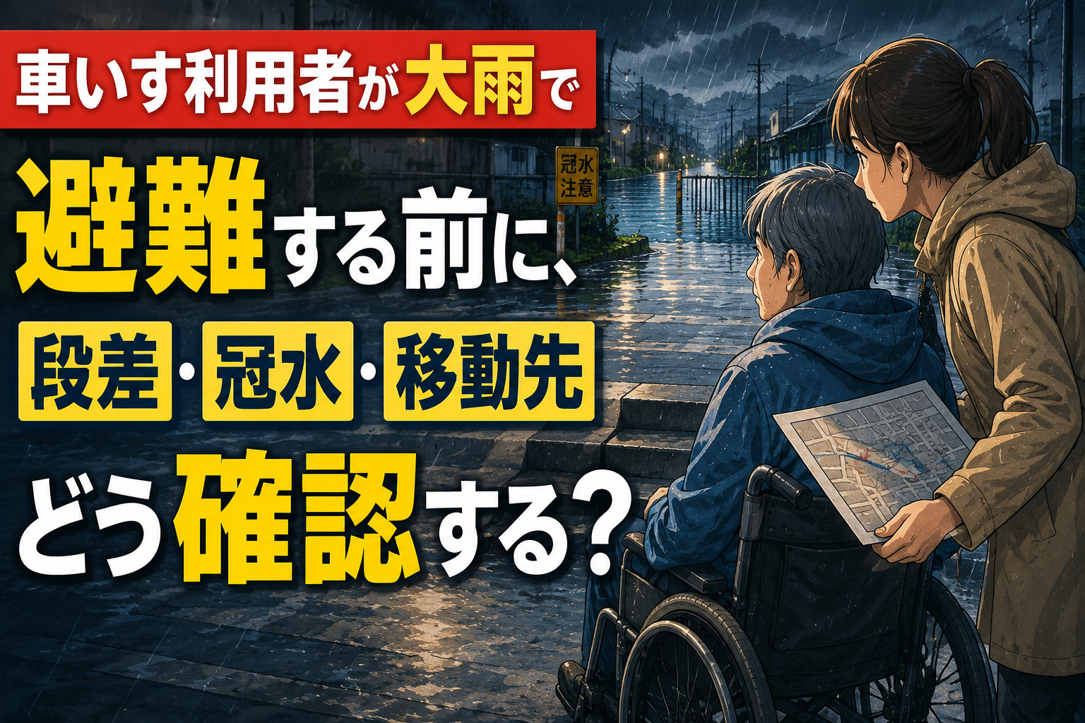 大雨時に車いす利用者と介助者が冠水路を前に避難経路を確認している様子