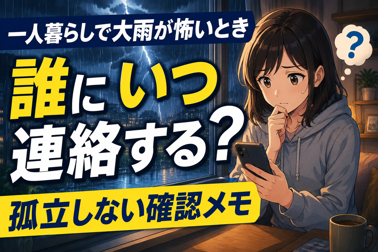 大雨の夜に一人暮らしの女性がスマホを見ながら誰にいつ連絡するか迷っている様子
