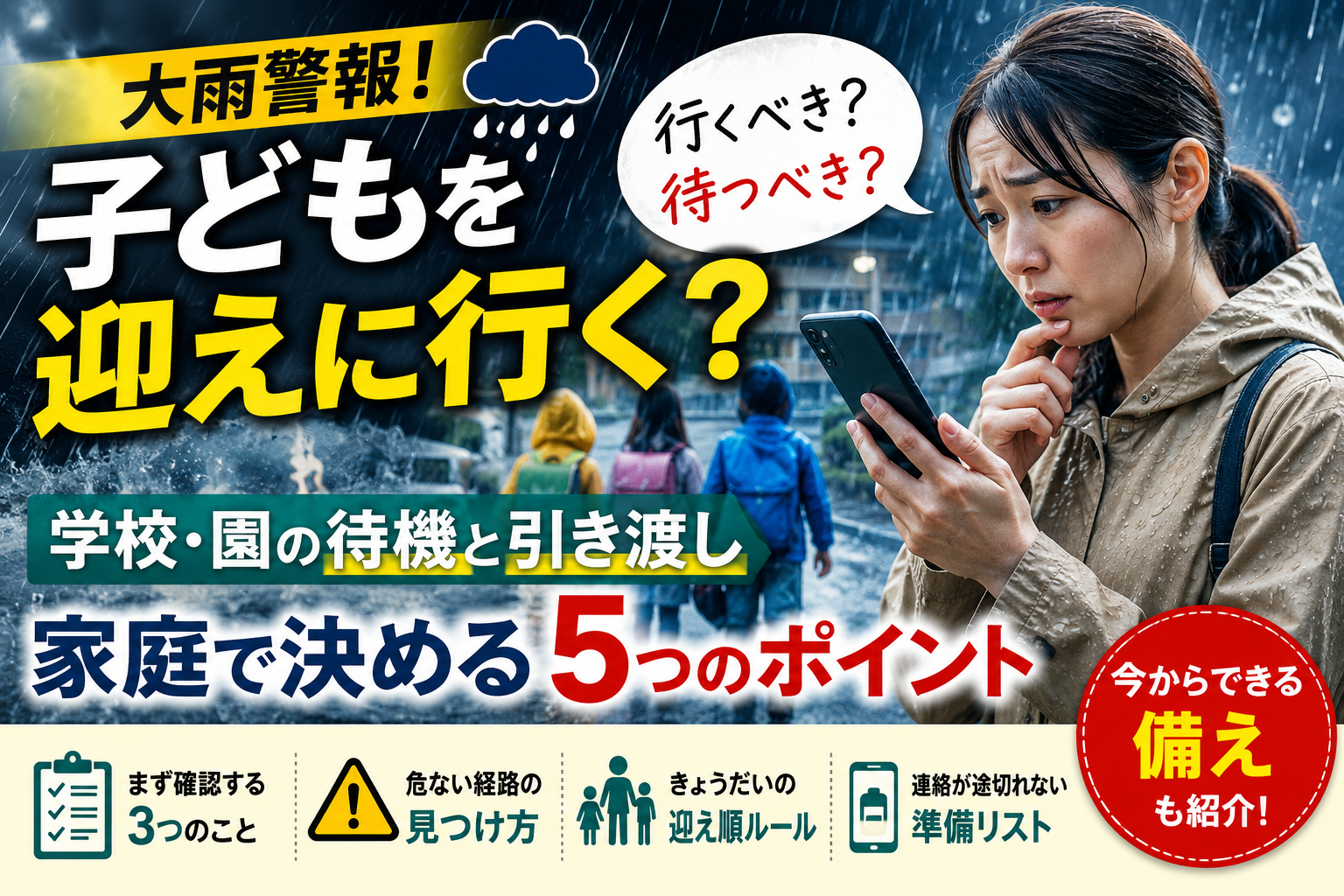 大雨警報で子どもを迎えに行くべきか迷う保護者と学校・園の待機・引き渡し判断を示すアイキャッチ