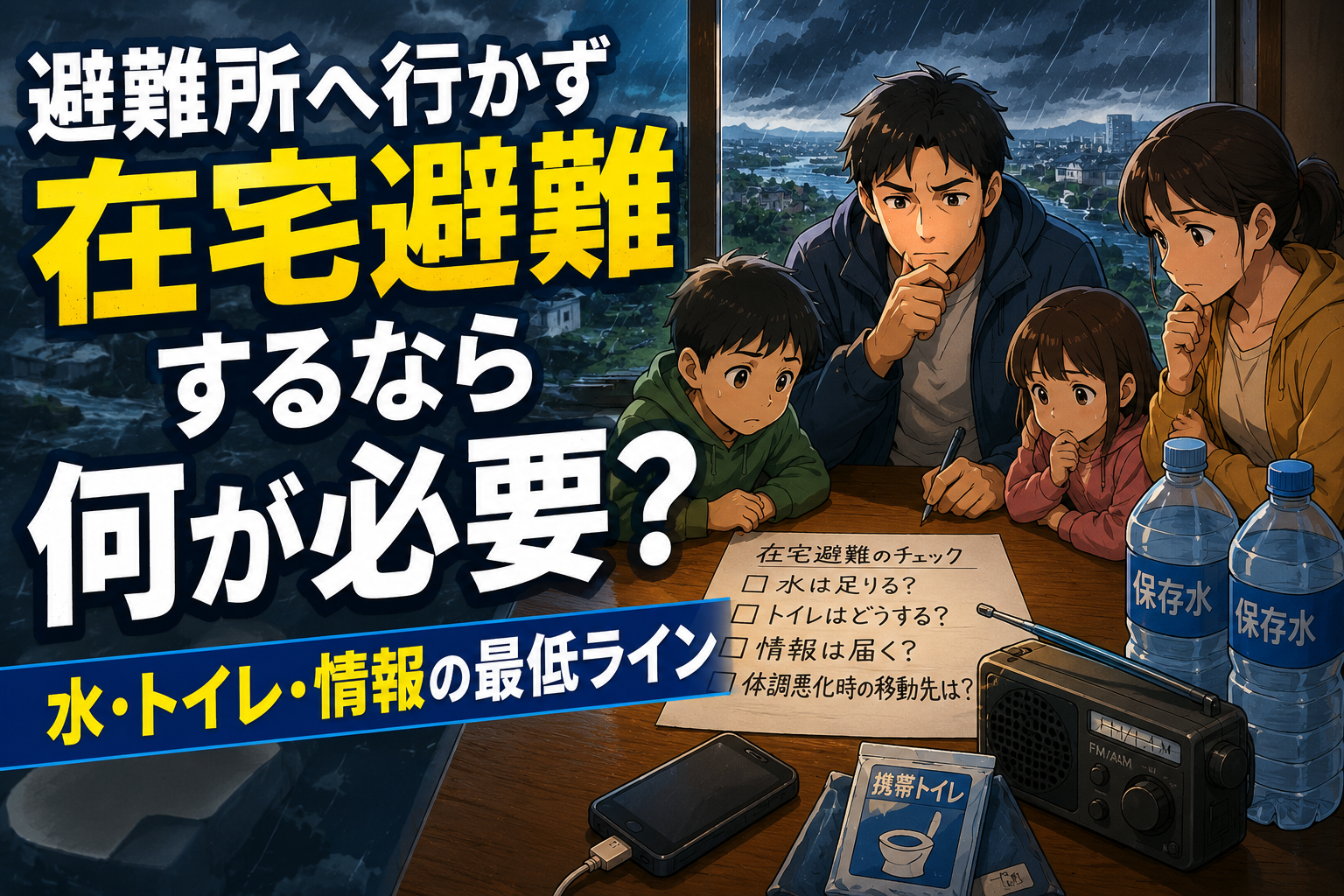 大雨の中、家族が在宅避難に必要な水・トイレ・情報を確認しているイラスト