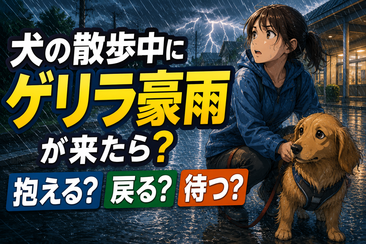 犬の散歩中にゲリラ豪雨に遭い、帰るか待つか迷う飼い主