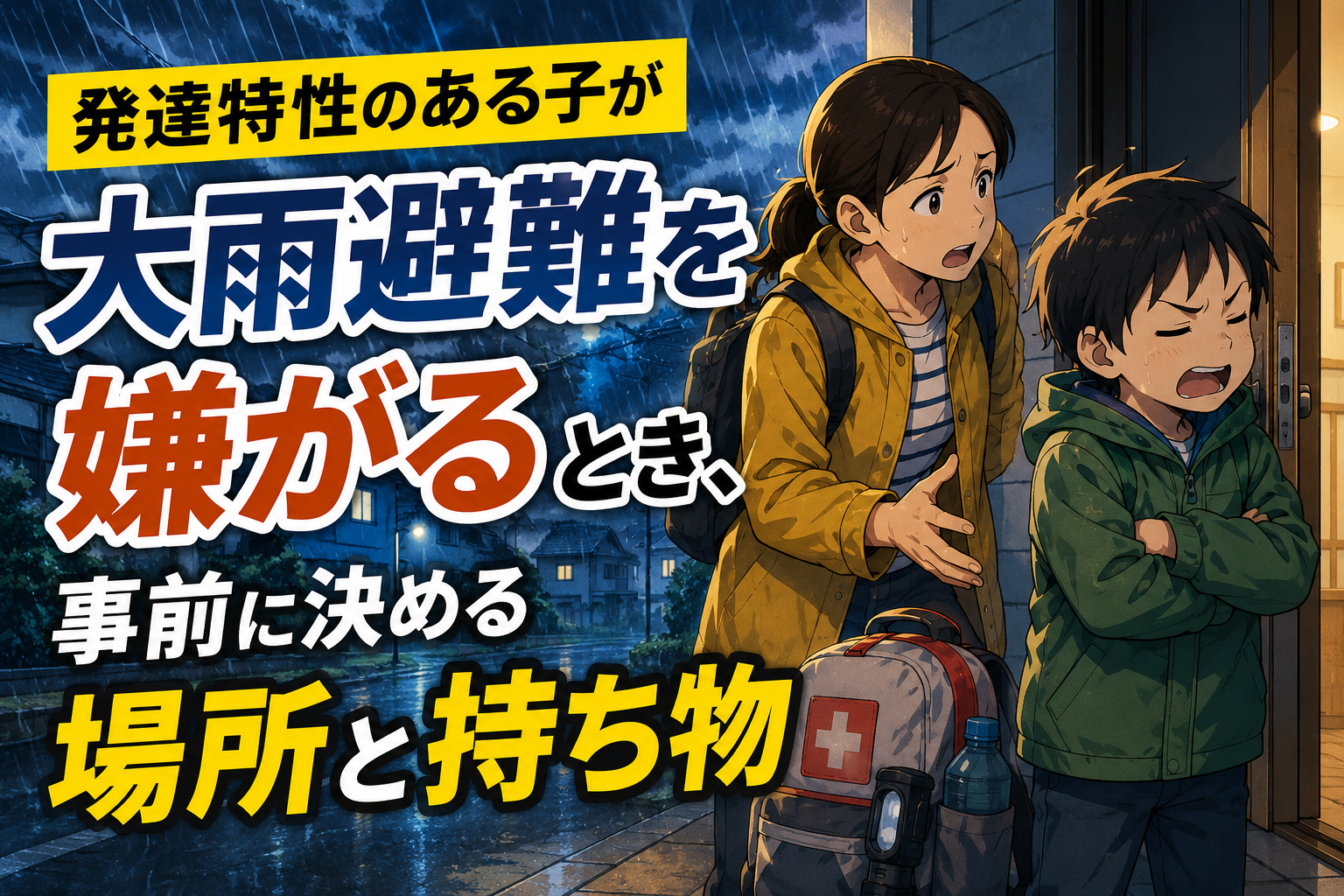 発達特性のある子が大雨避難を嫌がり、家族が音や光の負担を考えている様子