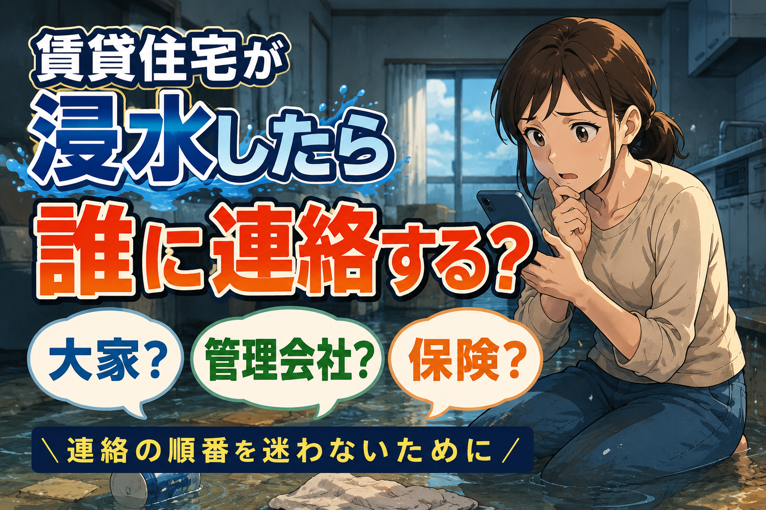 賃貸住宅が浸水したら誰に連絡する？大家・管理会社・保険の順番のアイキャッチ画像