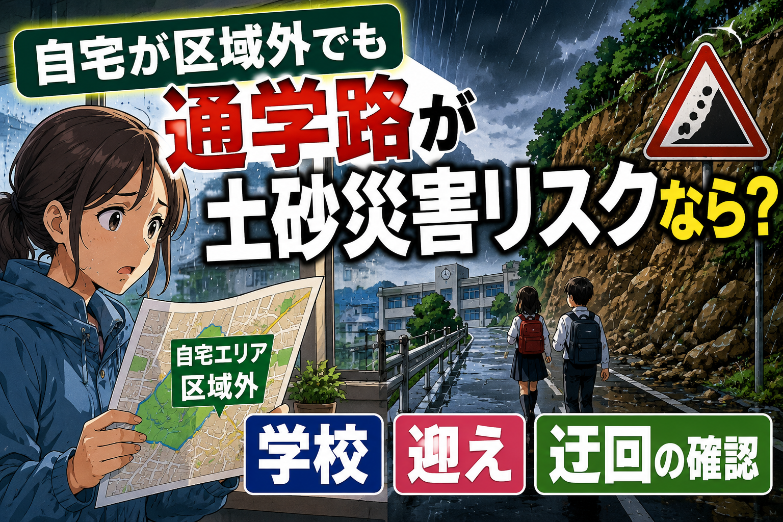 自宅が区域外でも通学路が土砂災害リスクなら？学校・迎え・迂回の確認のアイキャッチ画像