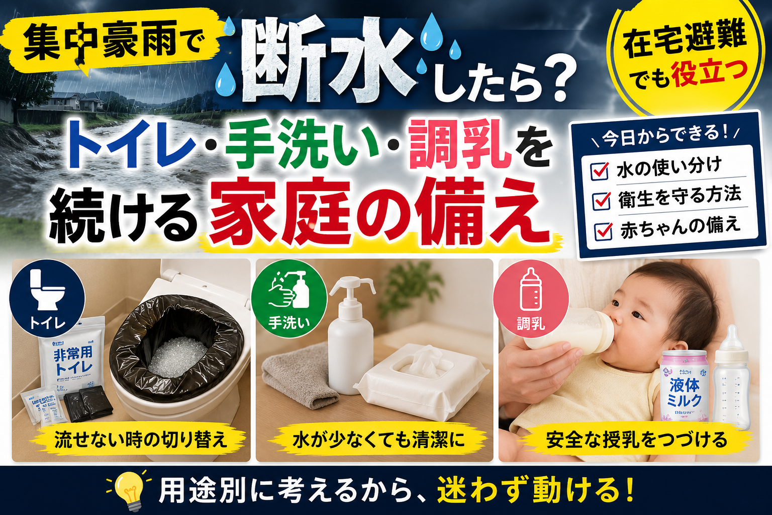 集中豪雨で断水した時のトイレ・手洗い・調乳への家庭の備え