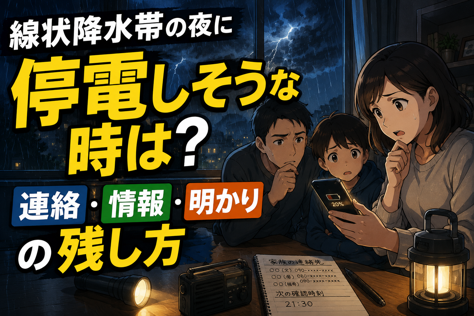 線状降水帯の夜に停電しそうな時は？連絡・情報・明かりの残し方のアイキャッチ画像