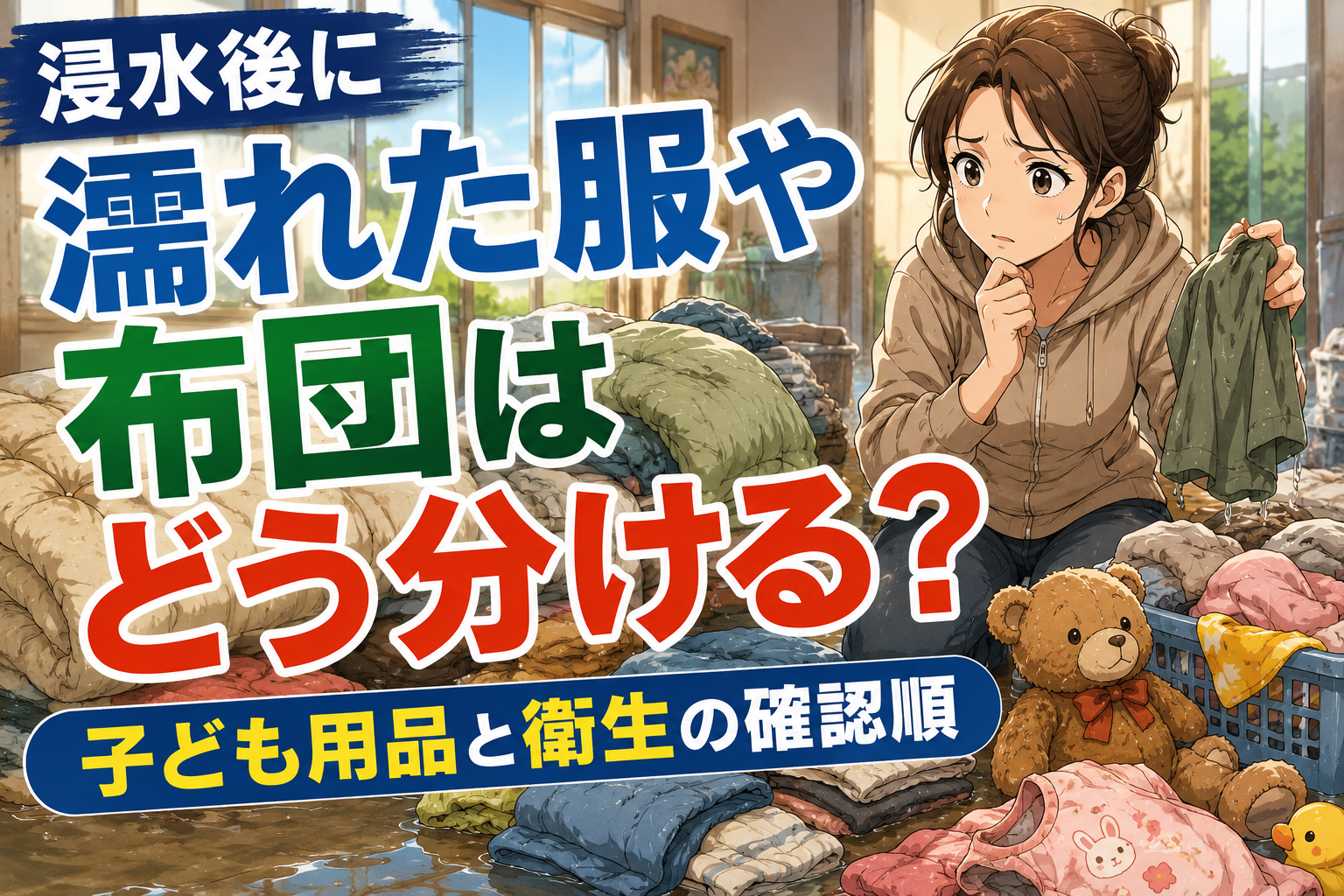 浸水後に濡れた服や布団はどう分ける？子ども用品と衛生の確認順のアイキャッチ画像