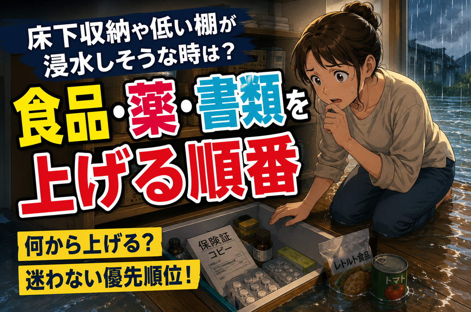 床下収納や低い棚が浸水しそうな時は？食品・薬・書類を上げる順番のアイキャッチ画像