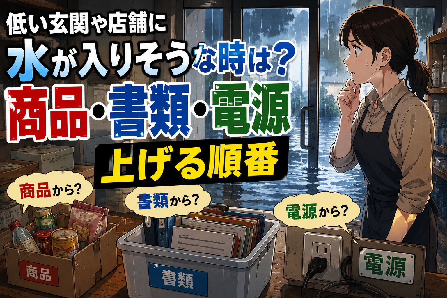 低い玄関や店舗に水が入りそうな時は？商品・書類・電源を上げる順番のアイキャッチ画像