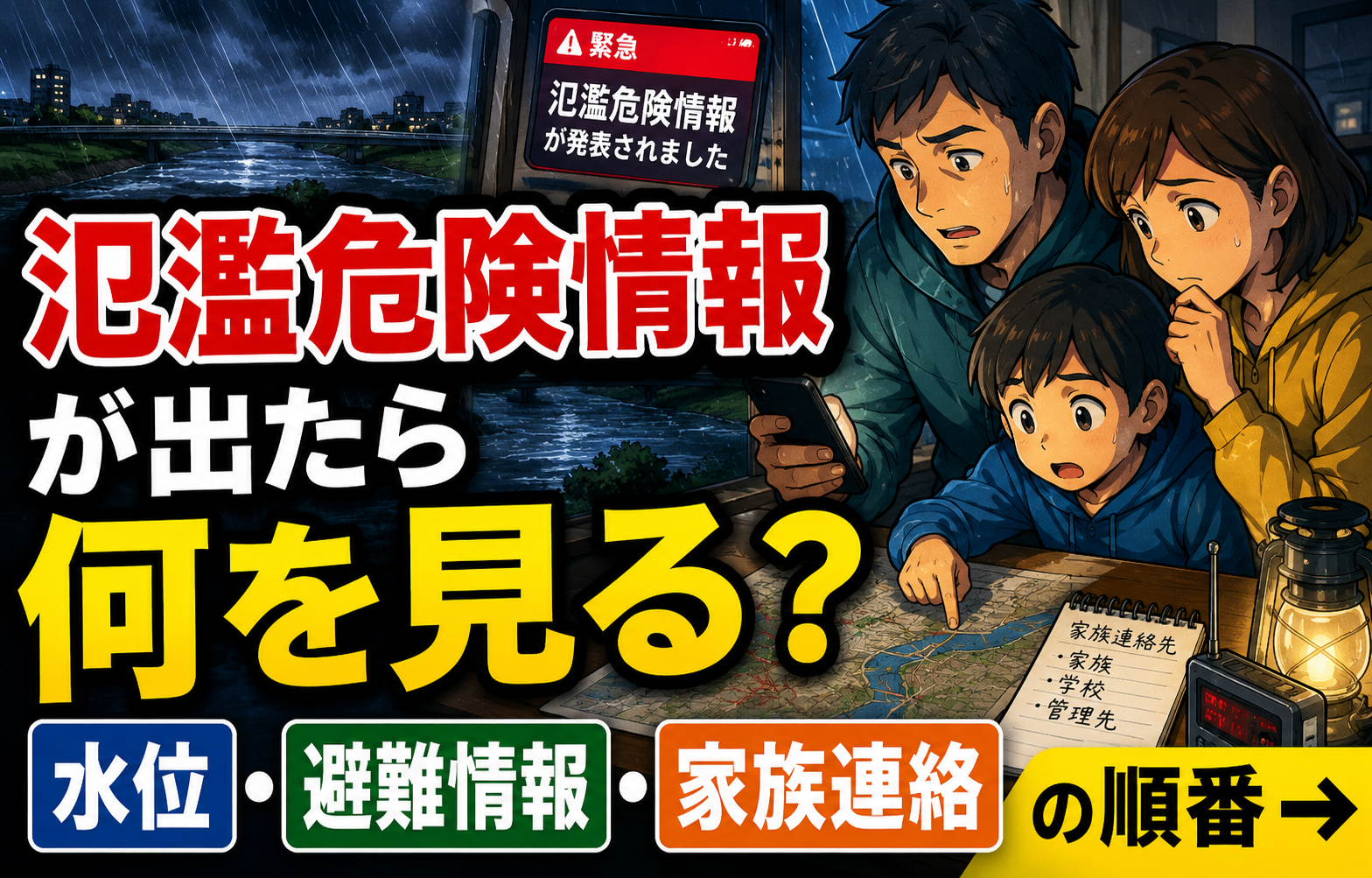 氾濫危険情報が出たら何を見る？水位・避難情報・家族連絡の順番のアイキャッチ画像