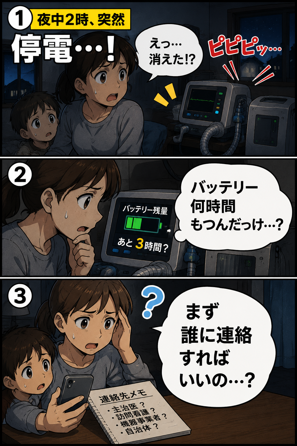 夜間停電で在宅医療機器のバッテリー時間と連絡先に迷う家族の3コマ漫画